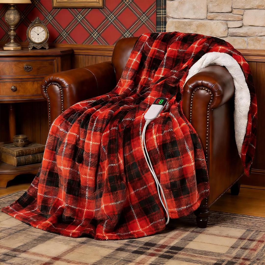 Red Christmas Electric Heated Blanket 50"x60", Fast Heated Throw with 8 Hours Auto Off/8 Heats Levels, Soft Plaid Sherpa with ETL Certification, Gifts for Adults Keep Warm in Home Office