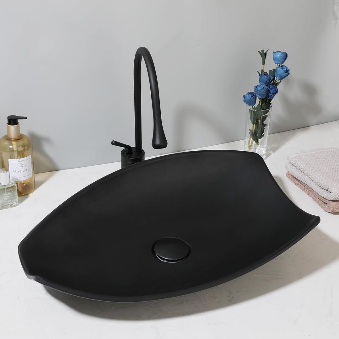 Bathroom Vessel Sink with High Arc Faucet and Pop-Up Drain Combo,21 Inch Stone Resin Sink Basin Above Counter Modern Irregular Rectangular Bathroom Sink Bowl (Black)