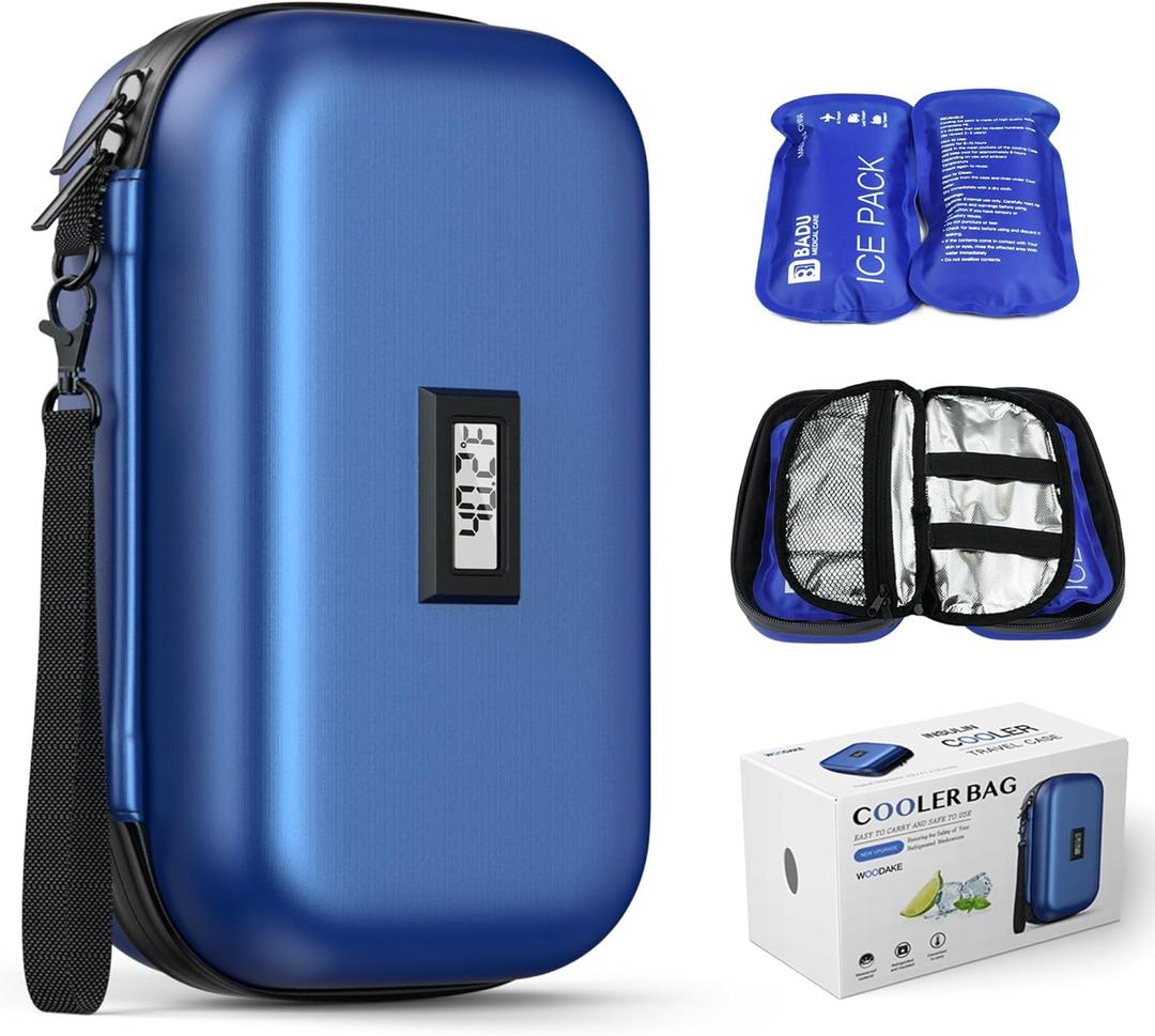 Insulin Cooler Travel Case TSA Approved Medication Cooler with Digital Temp Display 2 Ice Packs for Insulin Travel Case Diabetes Storage 4-6 Pens (Blue)