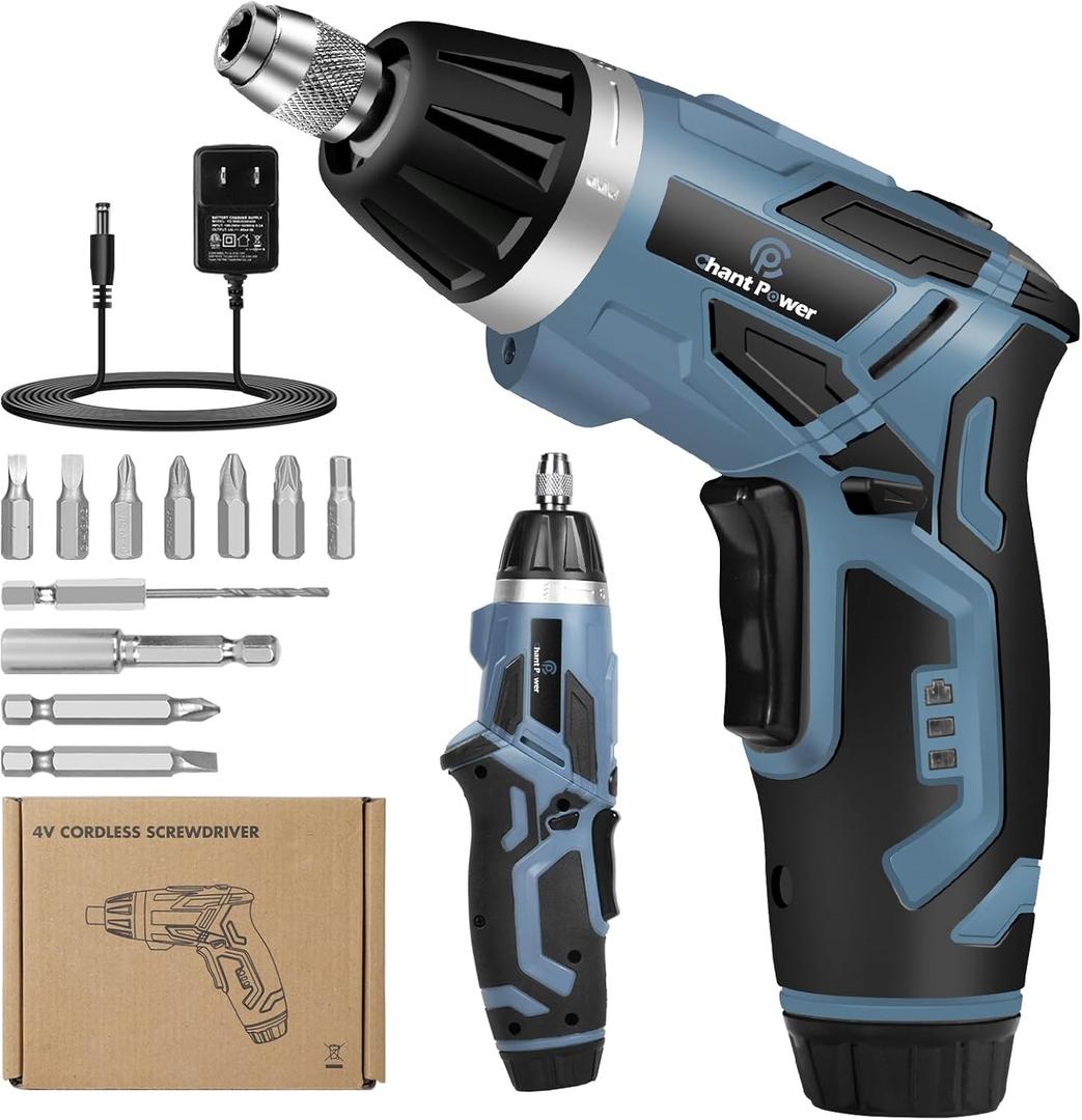 C P CHANTPOWER Cordless Electric Screwdriver Set, 6+1 Torque Gears,1/4'' Hex Self-Lock Chuck, 4V Small Rechargeable Screwdriver with 11 pcs Accessories, Flashlight, Charger Blue