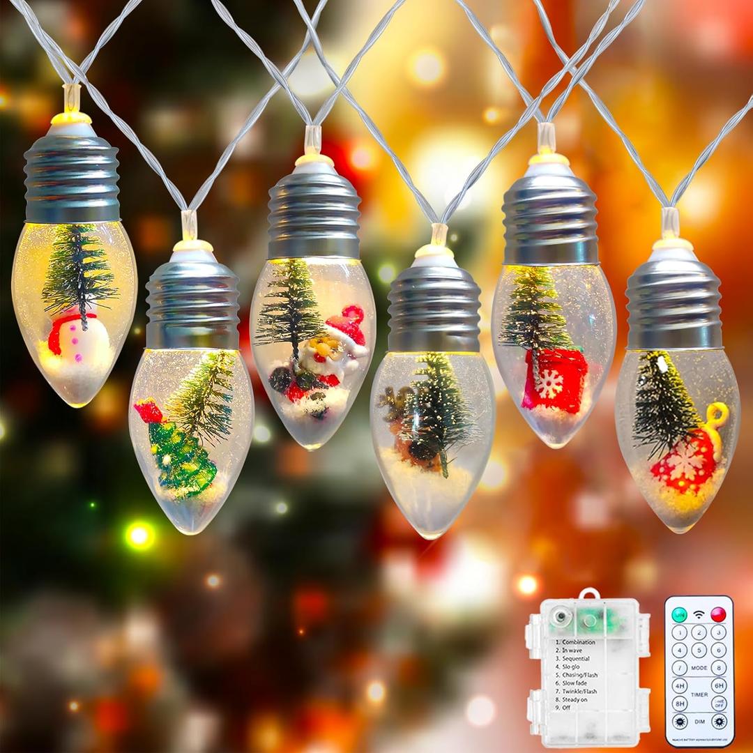 Christmas Lights Battery Operated 8Ft Snow Globe Christmas Lights 12 LED Vintage Bulbs String Lights for Indoor Outdoor Home Patio Fireplace Office Tree Cute Xmas Decor