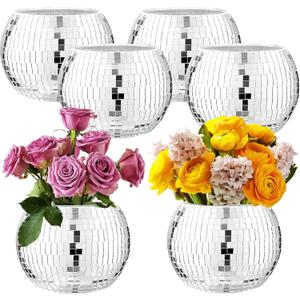 6 Pcs Silver Mirror Disco Vase - 3" X 4" Disco Ball Vase for Centerpieces, Glass Planter Candle Holder for Wedding, Birthday, Party, Office, Bedroom