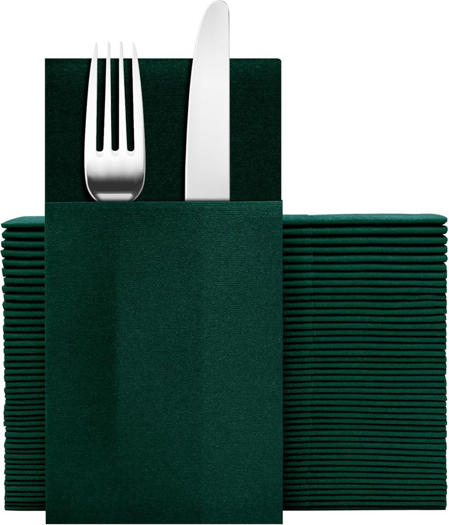 Dark Green Napkins Hand Towels Disposable, Linen Feel Dinner Napkins with Prefolded Built-in Flatware Pocket, Guest Paper Hand Towels for Christmas Wedding Reception (16x16in, 50Pack