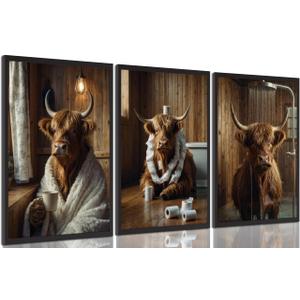 3pcs Funny Highland Cow Bathroom Wall Art Animal Bathroom Wall Decor Brown Cattle Picture Rustic Farmhouse Style Posters Prints Cow in Toilet Decorations for Restroom Home Decoration