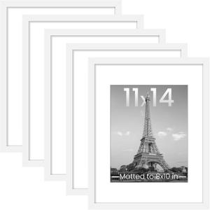 upsimples 11x14 Picture Frame Set of 5, Display Pictures 8x10 with Mat or 11x14 Without Mat, Wall Gallery Photo Frames, White