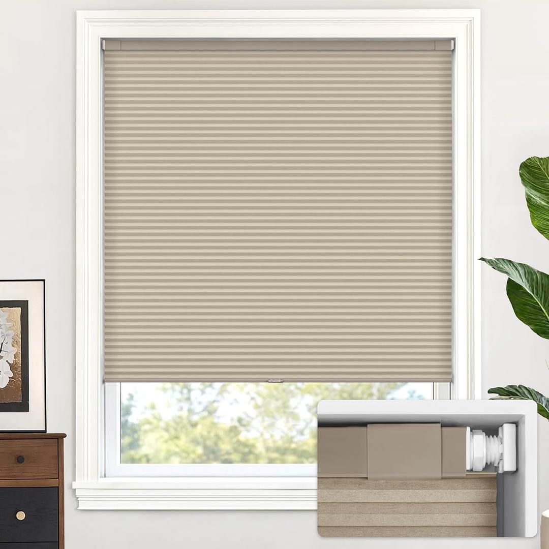 LazBlinds Cordless Cellular Shades, No Tools No Drill Light Filtering Honeycomb Shades Pleated Blinds for Windows, 45'' W x 64'' H, Mocha