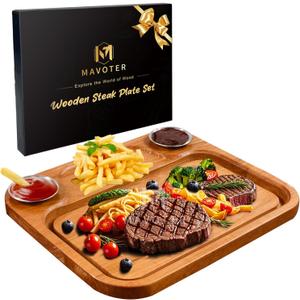 MAVOTER Wooden Steak Plates include 2 Sauce Cups, Wood Steak Board Set Serving Tray for Food Meat Cutting Board with Juice Groove, Charcuterie Board Platter for Home