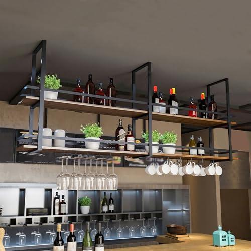 Ceiling Wine Glass Rack - 55.1in Hanging Wine Rack with Glass Holder and Shelf, 2 Layer Industrial Hanging Wine Bottle Holder, Black Metal Ceiling Shelf for Bar Cafe Kitchen (Black, 55.1×11.8×31.4in)