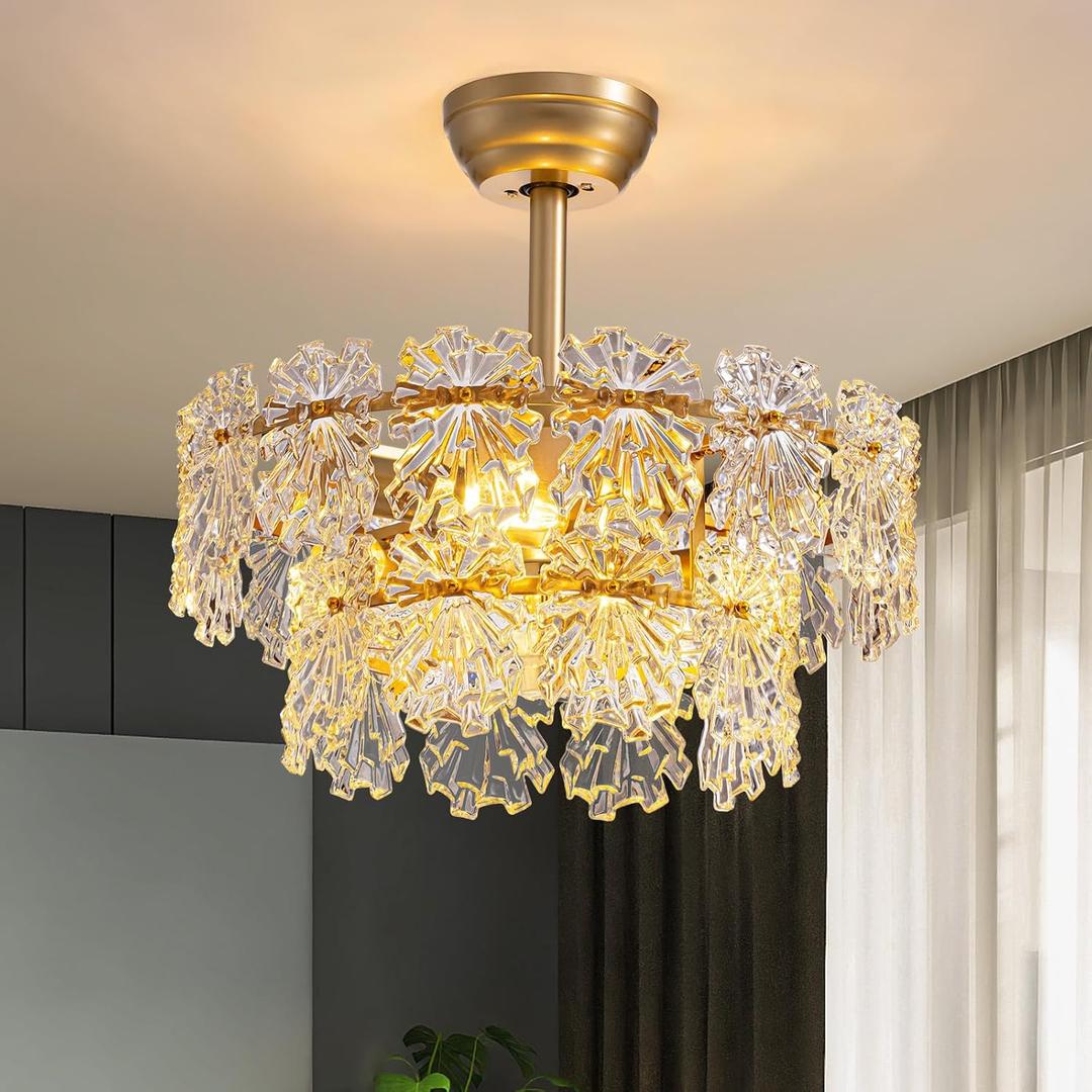 Ceiling Fan with Light 20" Ceiling Fans with Lights and Remote, 6 Speeds, Dimmable, Fandelier Ceiling Fan, Chandelier Crystal Fan Light for Bedroom, Living Room, Nursery (Gold)