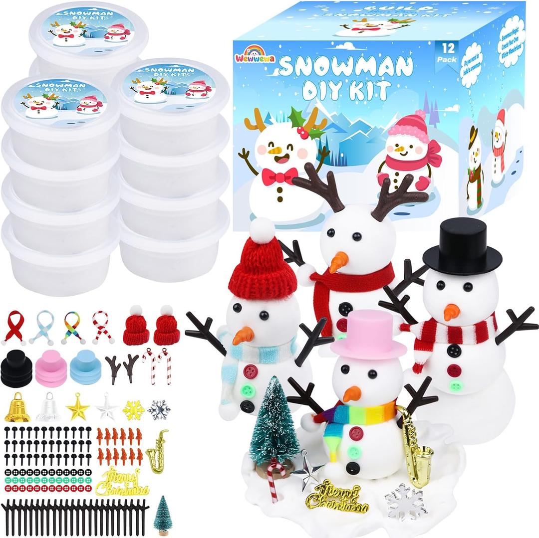 Snowman Kit Christmas Crafts for Kids: 12 Pcs Build a Snowman DIY Clay Kit Fun Holiday Arts Crafts Toys for Christmas Stocking Stuffers Classroom Activities Winter Party Favors Xmas Gifts (White)