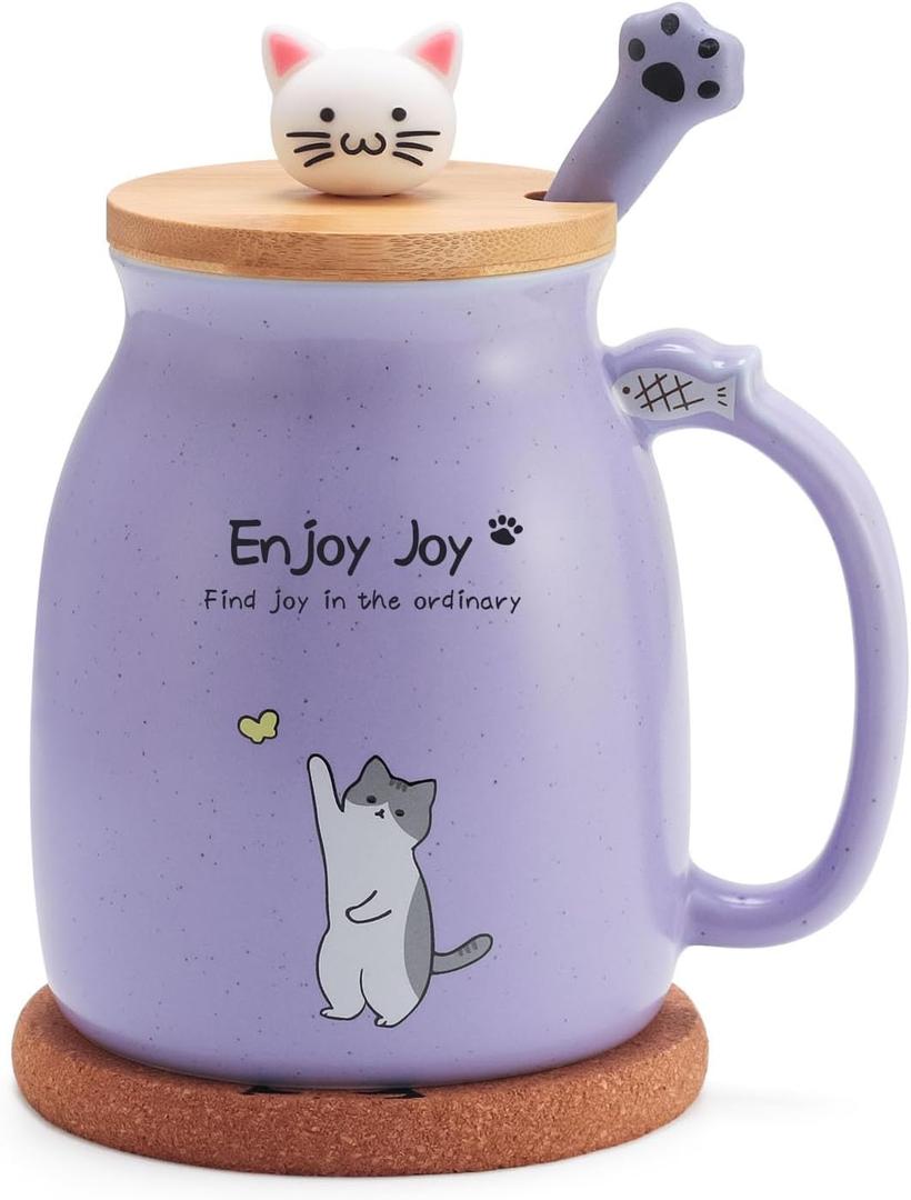 Feify Cute Cat Cup Ceramic Coffee Mug with Kawaii Cat Wooden Lid, Lovely Stainless Steel Spoon, Anime Kitty Thicken Wooden Coaster, Christmas Birthday Cute Thing Japanese Mug 16oz (Purple)