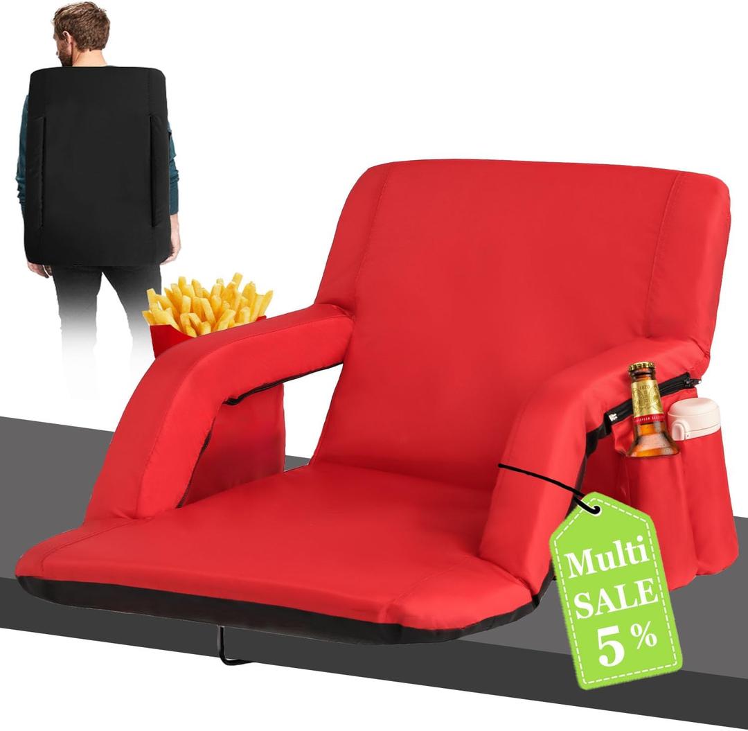 Stadium Seats for Bleachers-3 Heat Settings Backrest&Seat Cushion with Support, Portable Folding Stadium Chair with 6 Reclining, Storage Cup Holder for Football Games/Camping/Concerts (Regular, Red)