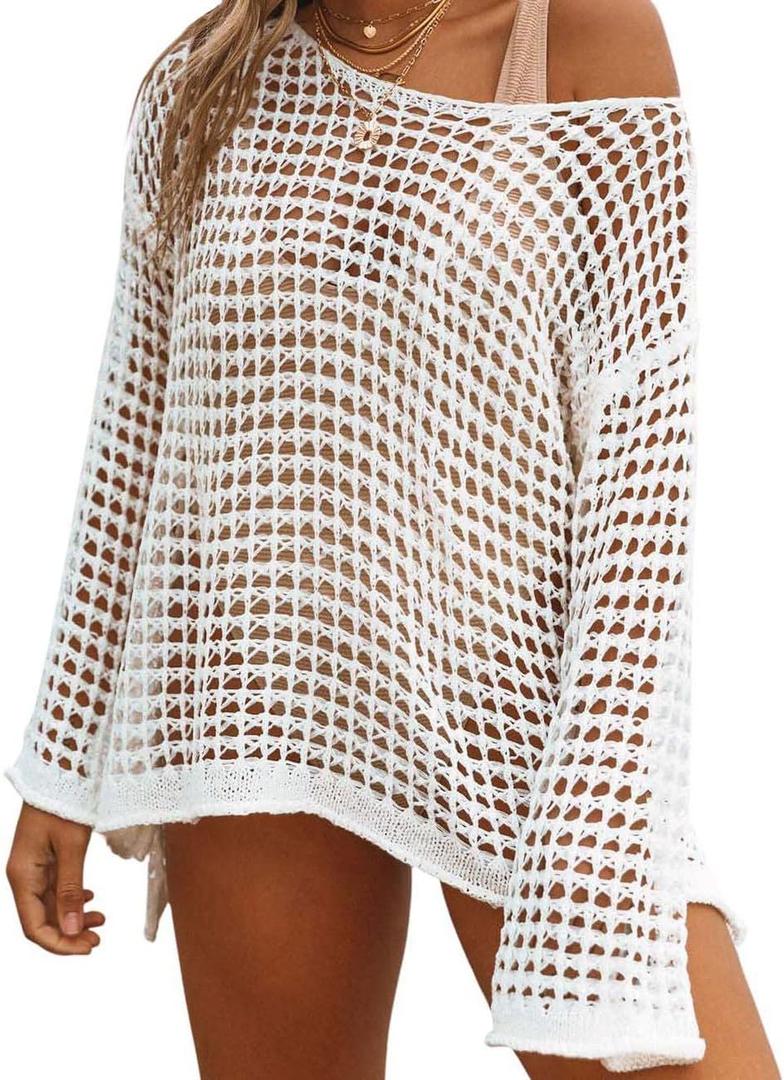 Bsubseach Crochet Cover Ups for Women Sexy Hollow Out Swim Cover Up Knit Summer Outfits One Size White