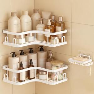 Veken Corner Adhesive Shower Caddy 3-Pack with Soap Holder&Hooks,No Drilling Shower Shelves,Rustproof & Waterproof Bathroom Organizers and Storage,Rack for Small Spaces, Kitchen&Rental-Friendly,White