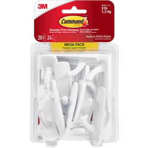 Command Medium Utility Hooks, 20 Hooks and 24 Strips, Damage-Free Hanging Wall Hook with Adhesive Strips, No Tools Great for Hanging, Organization and Storage, Holds up to 3 lb
