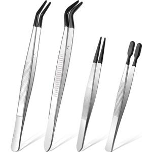 Ainiv 4pcs Tweezers with Rubber Tips, PVC Coated Tweezers Set, Rubber Straight/Flat/Long Curved Tips Non Marring Tweezers for Jewelry Crystals Bead, Crafts Making, Lab Stainless Steel Tweezer Tool
