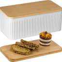 Large Bread Box for Kitchen Countertop Corner Breadbox for Homemade Bread Metal White Vertical Stripe Pattern Embossed Bread Storage Container Bin with Bamboo Lid