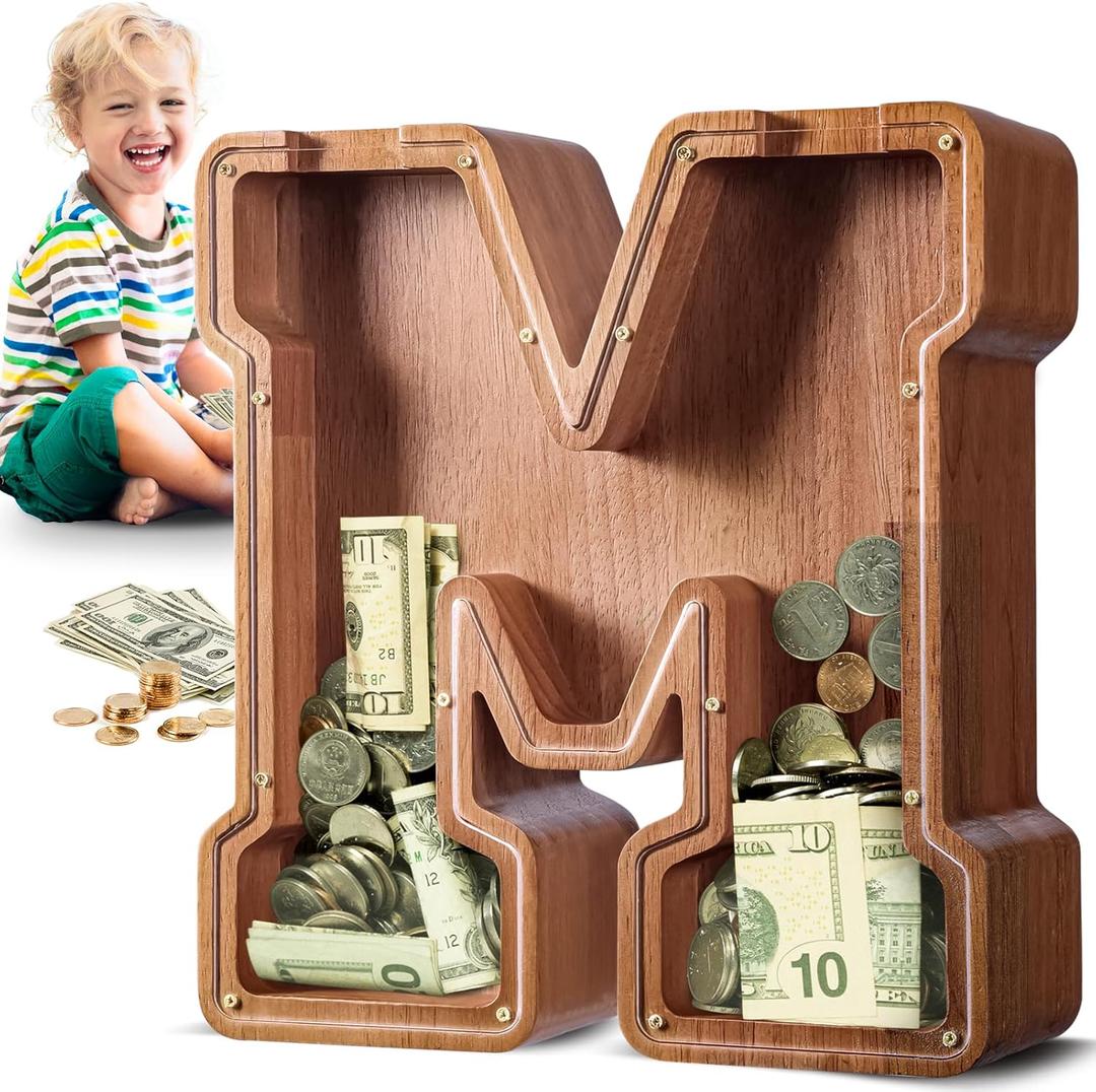 Summidate Large Wooden Piggy Bank for Kids Adults, Alphabets Letter A-Z Piggy Bank for Boys Girls, Coins Bills Change Bank Box Personalized Initial Name Kids Money Bank for Birthday Present and Decor