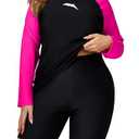 Halcurt Womens Two Piece Rash Guard Swim Set Long Sleeve Bathing Suits with Bra Built in Bra Black Pink, Size 2X