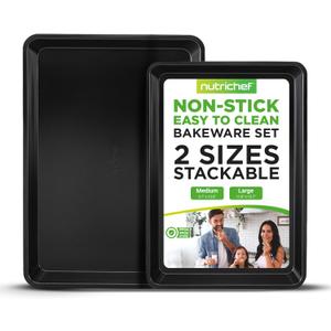NutriChef 2-Piece Non-Stick Black Cookie Sheets - Versatile & Durable Non-Toxic Carbon Steel Bakeware Sets, Stackable Baking Tray for Cookies, Brownies, Jelly rolls - Oven Safe & Easy Clean (2-Piece Set)