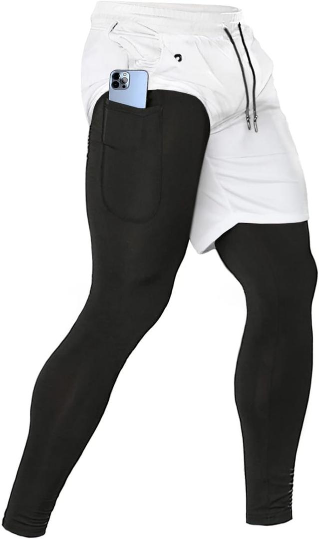 Aolesy Men's 2 in 1 Running Pants, Gym Workout Compression Pants for Men Training Athletic (White, S)