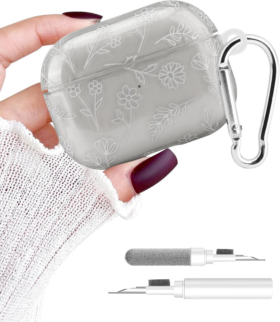 Aitipy Compatible with Airpods Pro 2 Case, Cute White Floral Aesthetic Design with Carabiner, Soft TPU Skin Anti-Scratch Shockproof Protective Cover for Women Girls