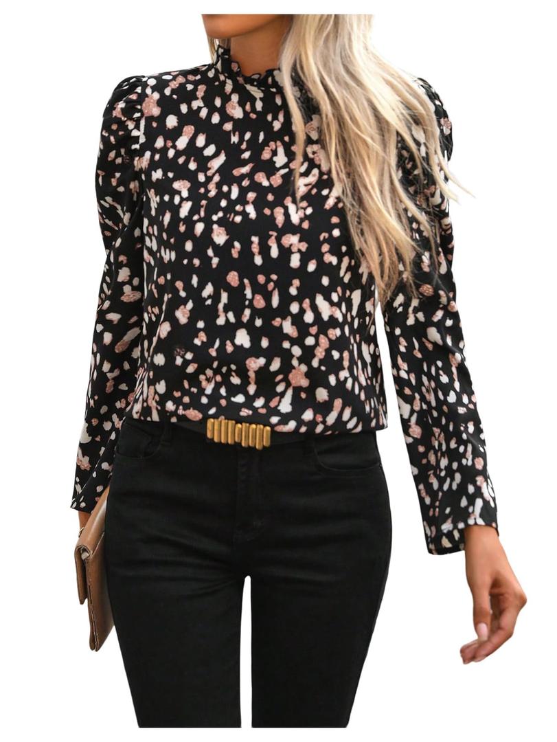 SHENHE Women's Puff Long Sleeve Blouse Dressy Casual Frilly Mock Neck Fall Blouse Top Black Small (M)