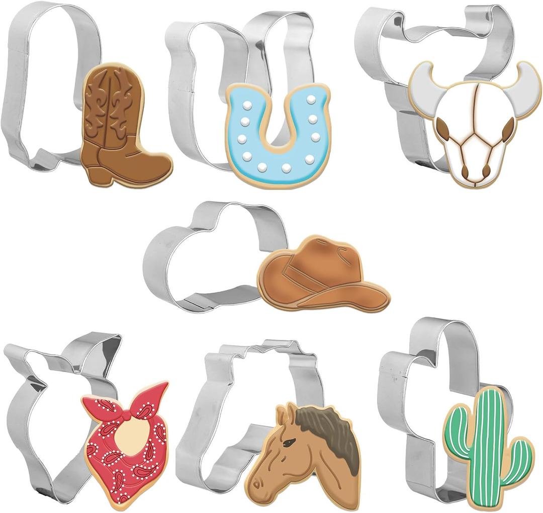 7Pcs Cowboy Cookie Cutter 3.5" Western Boot Hat Horseshoe Cactus Cookie Cutting Mold Biscuit Cutters for Cowboy Rodeo Party Horse Racing Festival