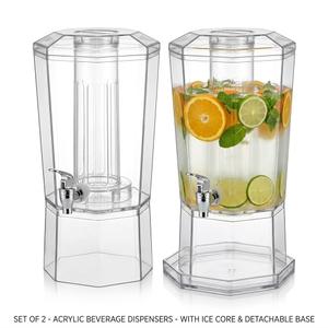 Clear Acrylic Beverage Dispenser with Ice Core & Chrome Spigot – Octagonal Drink Dispenser Set for Parties, Weddings, Outdoor Events & Catering, Capacity 2 Gallon, 2pk