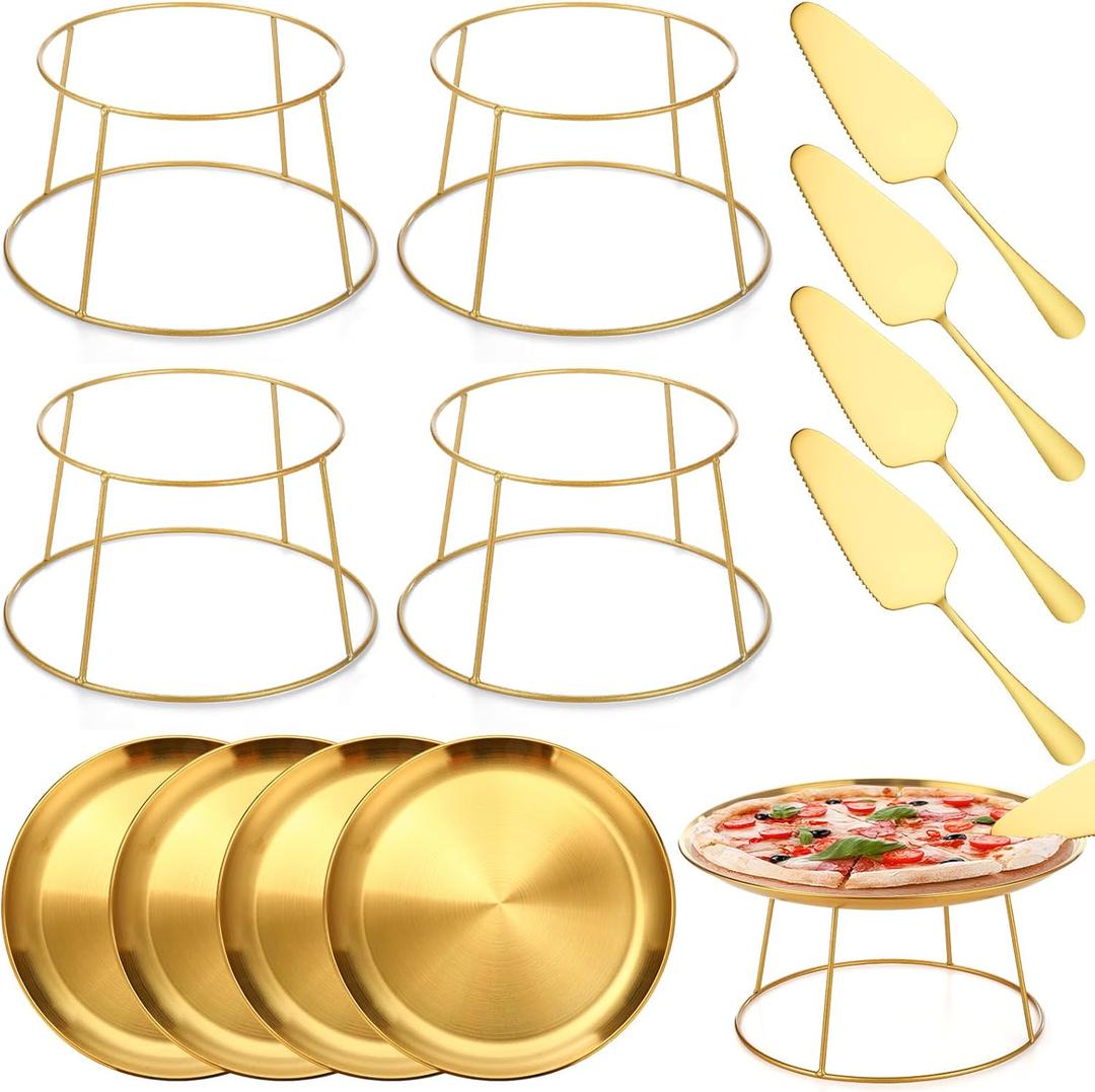 12 Pcs Pizza Stand Set: 4 Metal Stands, 4 Pizza Pans, 4 Spatulas for Weddings, Party(Gold,Round)