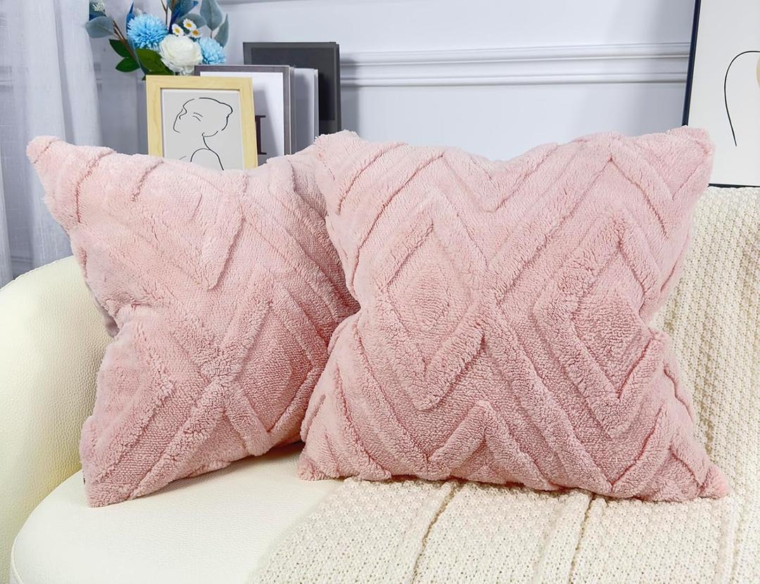 Set of 2 Faux Fur Pink Throw Pillow Covers 18x18,Soft Checkborad Pattern Decorative Boho Pillow Cover Case Cushion Cover for Sofa Couch Bed Livingroom Farmhouse,Modern Accent