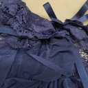 Foxiny Sexy Ruffle Sheer Mesh Lace Wireless Babydoll Lingerie Dress with Thong 2 Piece (Blue, L)