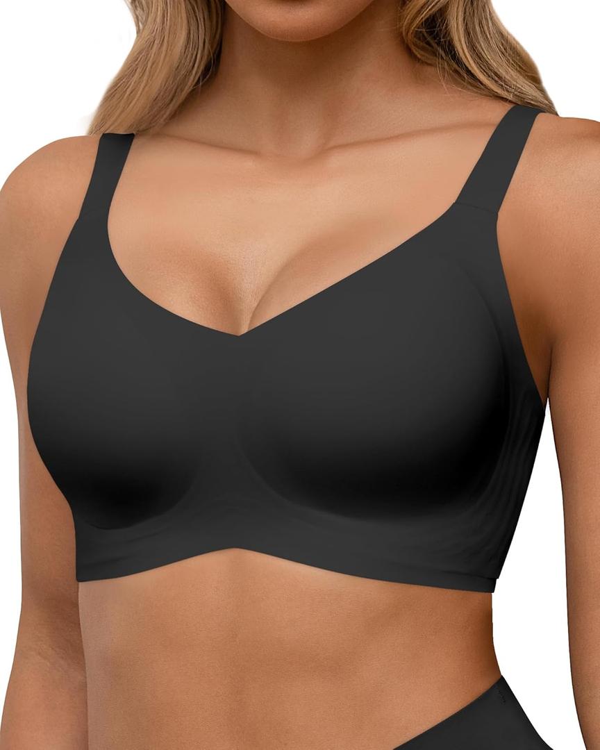 HORISUN Seamless Bras Full Coverage Wireless Push Up Bra for Women No Underwire Comfort V Neck Bralettes with Support (X-Large, Black)