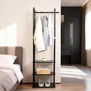 Wood Coat Rack Freestanding Clothing Rack with 3 Storage Shelves and 5 Hooks Coat Tree Heavy-Duty Garment Rack for Corner Entryways Living Rooms and Bedrooms, Black