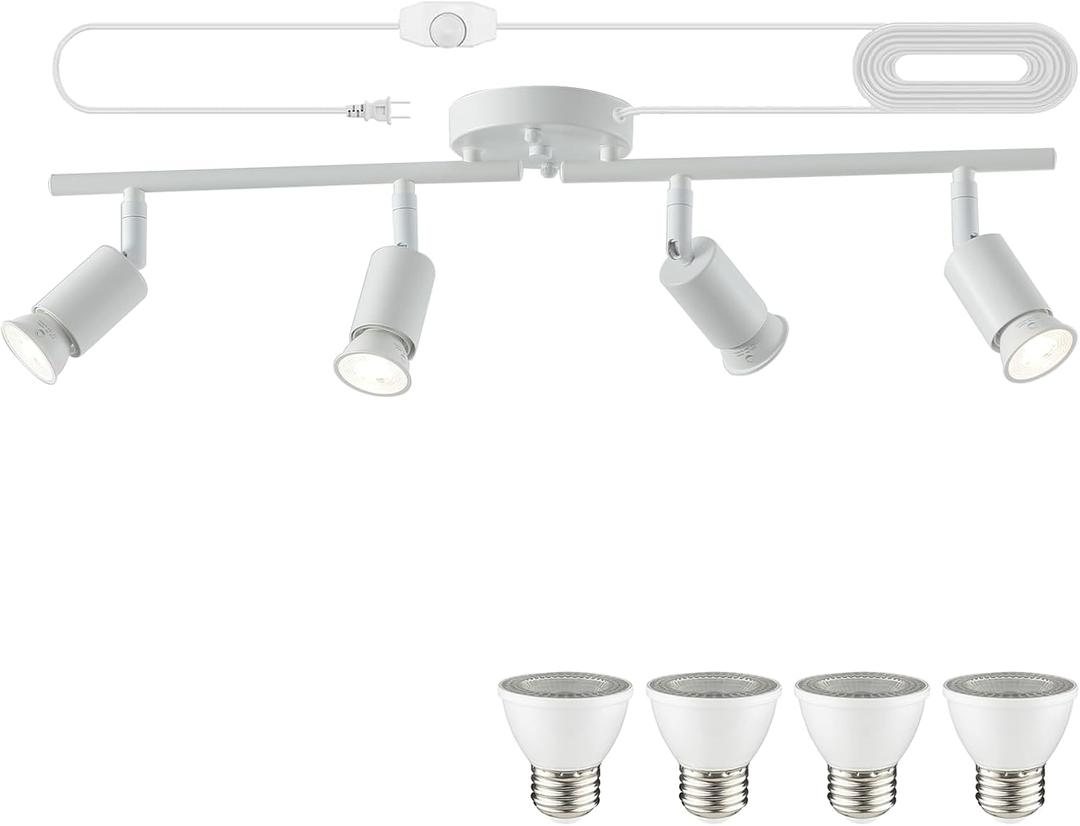 Dimmable Plug in Track Light White 4 Light Plug in Ceiling Lighting Fixture with 16.4' Long Cord,4 Way Ceiling Spotlight,Rotatable Wall Mount Light Head,LED dimmable Spot Bulbs Included