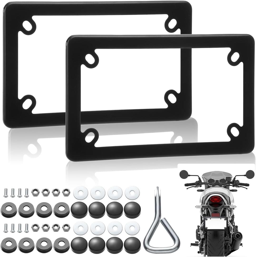 2 Pack Stainless Steel Motorcycle License Plate Frame Metal Motorcycle License Plate Cover with Screws and Nuts Cover Black Rust Proof, Rattle Proof, Weather Holder