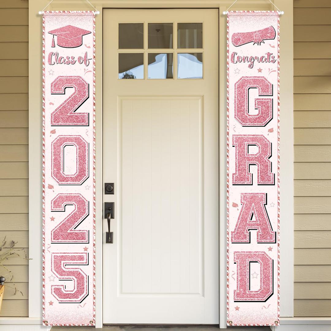Pink Graduation Party Decorations Class of 2025 Porch Sign Graduation Congrats Grad Rose Gold Graduation Banners Door Hanging for High School College Graduation Party