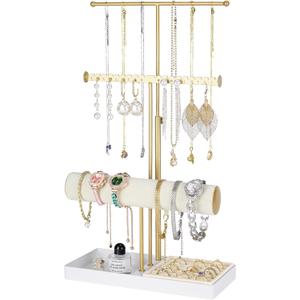 3-Tier Jewelry Stand Jewelry Organizer, Gold Necklace & Bracelet Organizer with Velvet Ring Tray, Sturdy Jewelry Holder for Earrings, Cute & Aesthetic Jewelry Display Tower  Gift for Women