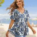 YESNO Women's Summer Tops Casual V Neck Babydoll Blouses Floral Short Sleeve Peplum Shirts TH2 (L)