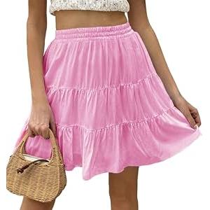 Tsher Women's High Elastic Waist Ruffle Casual Boho A-line Mini Skirts 0328 (L, Pink)