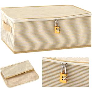Discreet Lockable Toy Bag Storage Organizer Toy Bag Storage Bins Case with Zipper Lid 15 x 10 x 5.9 Inches for Women and Men Clothes Container(Gold Stripes)