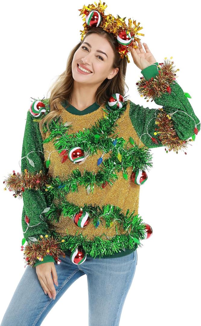 LED Ugly Christmas Sweater for Men, Unisex Women Xmas Pullover with Light for Party Festive Large Sparkle & Glow