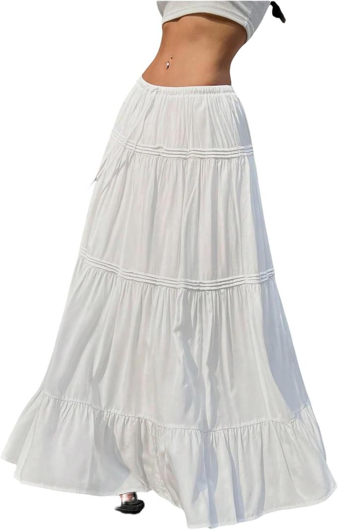SOLY HUX Women's Maxi Skirt Drawstring Elastic Waist Ruffle Hem Long Flowy Skirts (Medium, Pure White)