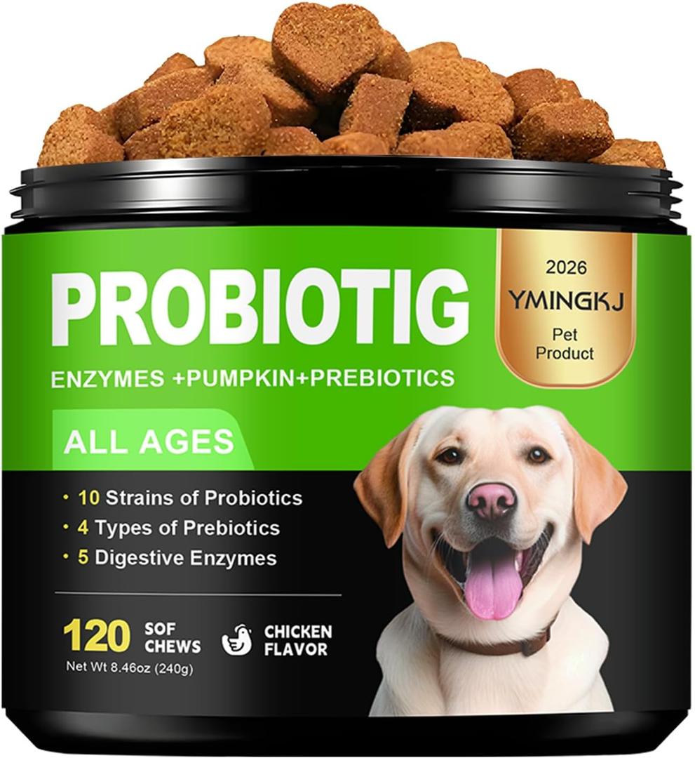 Probiotics for Dogs - Dog Probiotics & Enzymes 12 Billion CFU 10 Strains, Psyllium Husk, Apple Cider Vinegar Gut Health, Bloating Relief, Regularity Support 120 Chews