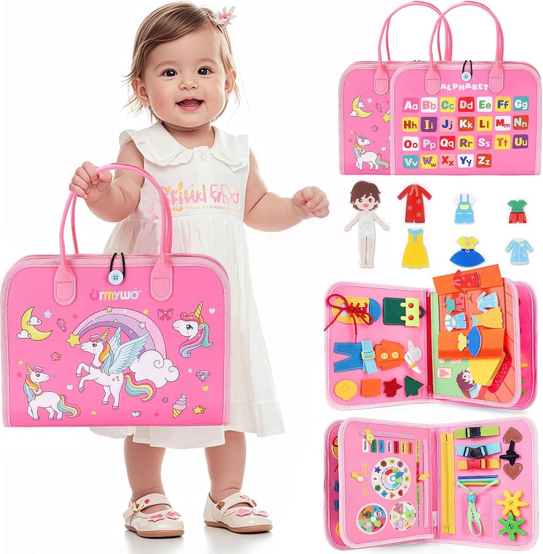 URMYWO Toddler Busy Board - Busy Book Montessori Toys for 1 2 3 4 Year Old - Preschool Learning Activities with Alphabet Number Animal, Educational Travel Toys Birthday Gifts for Kids (Pink)