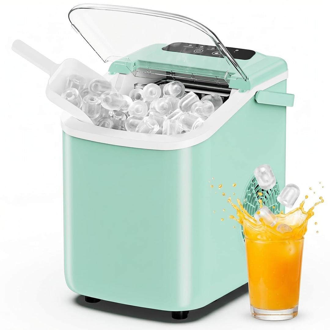 DUMOS Ice Maker Countertop, Ice Machine with Portable Handle, Basket and Scoop, 26lbs Daily, 9 Bullet Cubes in 6~8 Mins, Auto-Cleaning for Home, Kitchen, Office, Outdoors, RV Camping