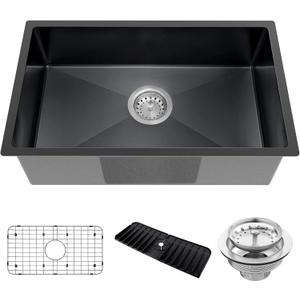 Black Kitchen Sink, Undermount Stainless Steel Bar Sink 30x18x9 Inch Drop In Single Bowl Kitchen Sink With Accessories-Sink Grid, Silicon Faucet Mat, Drain Assembly Set For Modern Kitchen Sink