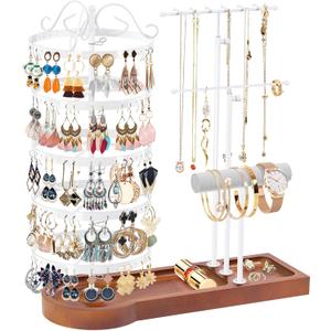 KALYLOC Jewelry Earring Holder Organizer, Adjustable 5 Tiers Rotating Earring Holder 3 Tier Necklace Holder with Wooden Base, Multi-Functional Jewelry Organizer Display Stand for Studs Bracelet Women (White)