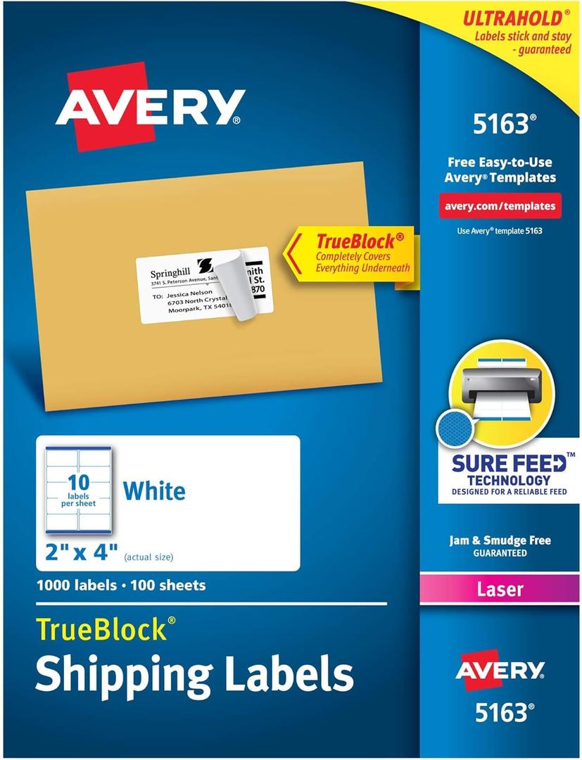 Avery Printable Shipping Labels with Sure Feed, 2" x 4", White, 1,000 Blank Mailing Labels (5163)