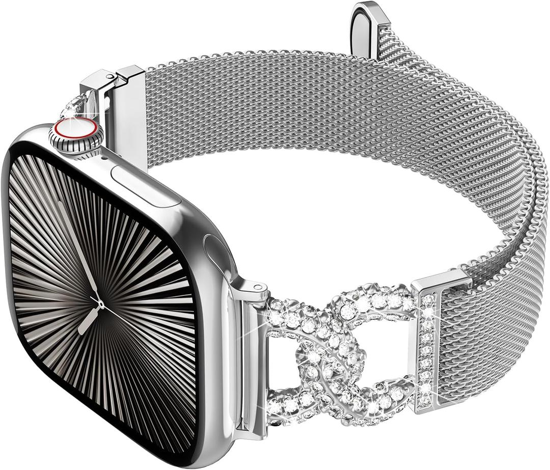 Metal Band Compatible with Apple Watch Bands for Women 49/46/45/44/42mm Stainless Steel Mesh Magnetic Classy C-shaped Diamond Strap for iWatch SE Series 3 Ultra (49/46/45/44/42mm(Series 3), Silver)